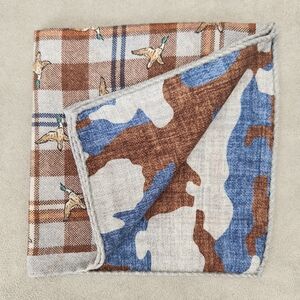 Cremieux Pocket Square Grey Brown 100% Silk Plaid Camo Double Made Italy New$35